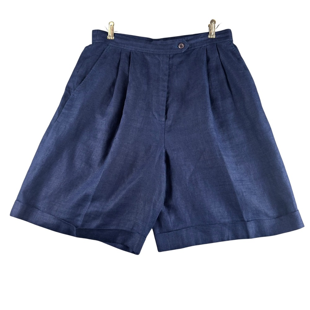 Brooks Brothers Navy Blue Pure Irish Linen Pleated Cuffed Short Women 14 Vintage